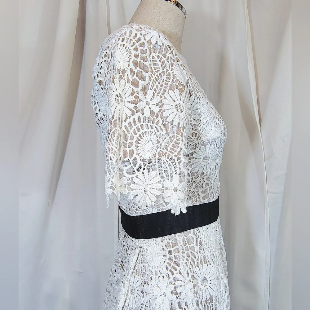 Lady Sharpely Maxi Dress, Vintage,White Lace Beige Lining, ZipUp, Short Sleeve,2 - Picture 10 of 14